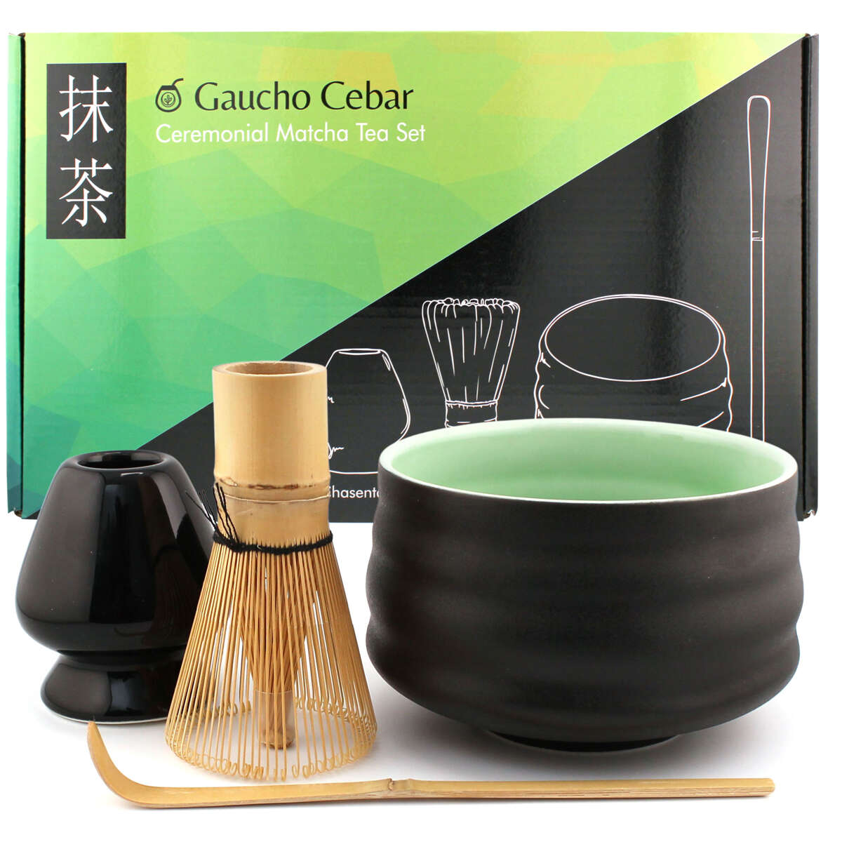 Zestaw akcesoriów do przygotowania herbaty Matcha od Gaucho Cebar - Chasen, Miseczka, bambusowa miarka, podstawka