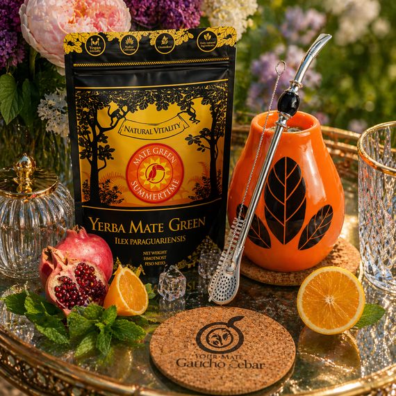 Zestaw Yerba Mate Green Summertime 500g + Matero Tykwa Ceramiczna Luka Hoja Orange + Bombilla Lagrima Negro