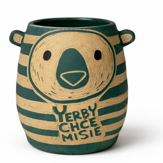 Kamionkowe matero Zielony "Chce Miś" 300 ml (toczone na kole garncarskim)