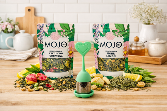 Zestaw Herbat Zielonych + Zaparzacz Serce |Imbir Lemon i Kaktusowo-Cytrynowa