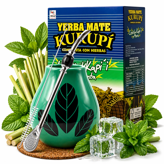 Yerba Mate Kurupi Cedron 500g + Matero Luka Hoja Turquoise + Bombilla 22cm z czarnym kamieniem