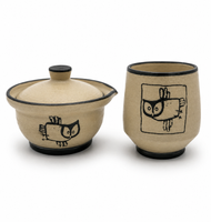 SHIBORIDASHI ceramiczny zestaw z motywem sowy do herbat liściastych – dzbanuszek i czarka handmade