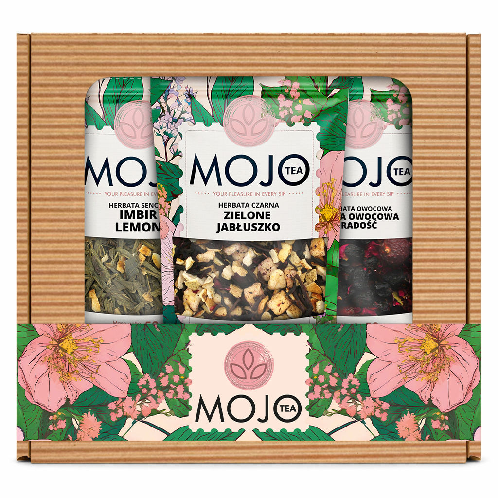 Zestaw Mojo Tea 3x50g: Sencha Imbir Lemon, Dzika Owocowa Radość, Zielone Jabłuszko, 0.25 kg