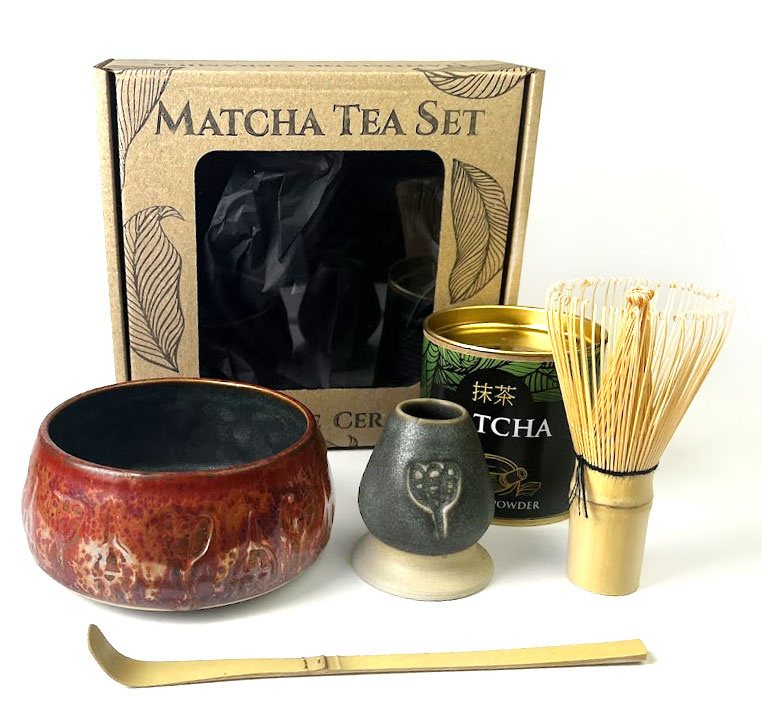 Zestaw Matcha Tea Set "Miedziane kwiaty" z ceramicznymi akcesoriami handmade w pudełku na prezent, 0.46 kg