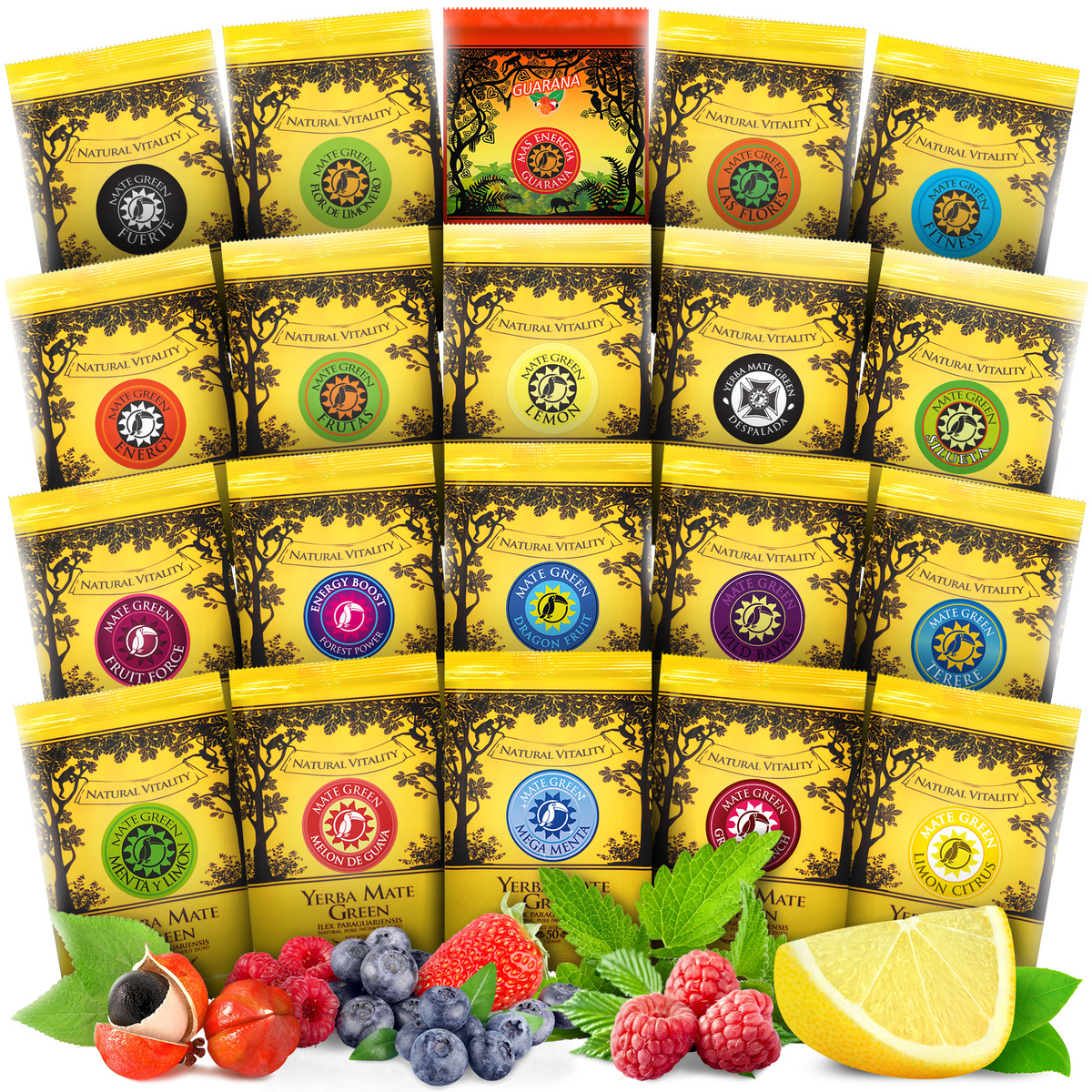 Zestaw 20x50g MIX Yerba Mate Green z owocami ziołami, 1.5 kg