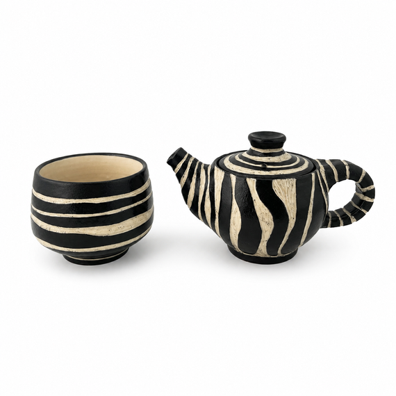 Miniaturowy ceramiczny zestaw do herbaty "Zebra" – ręcznie wykonany dzbanuszek i czarka 100 ml