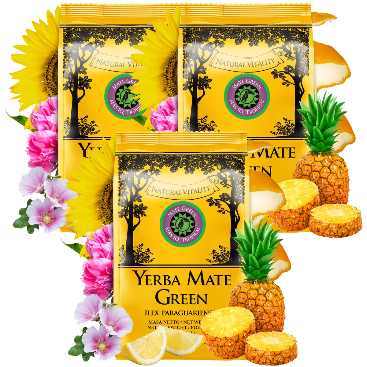 Zestaw Yerba Mate Green MAS IQ Tropical 600g Ananas MOC TROPIKÓW 3x200g, 1 kg
