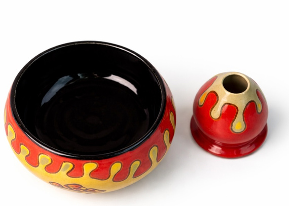 Ceramiczny zestaw do przygotowania herbaty Matcha - Miseczka i Podstawka pod Chasen "Papuzie pióro"