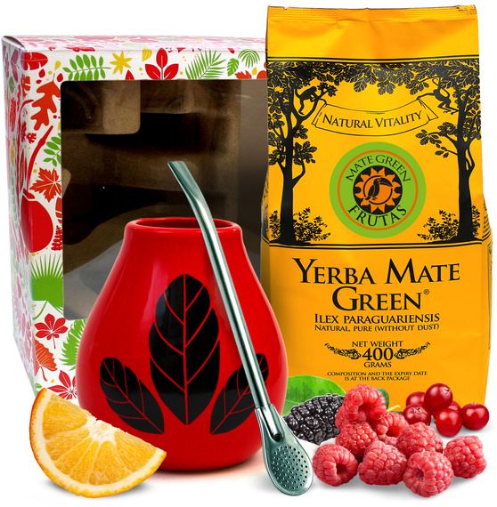 Zestaw w pudełku ŚWIĄTECZNYM z Yerba Mate Frutas 400g + Matero Hoja Red + Bombilla Liza