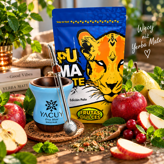 Zestaw Yerba Mate PumaTe Frutas Dulces z Cuia, Bombillą i Podkładką korkową