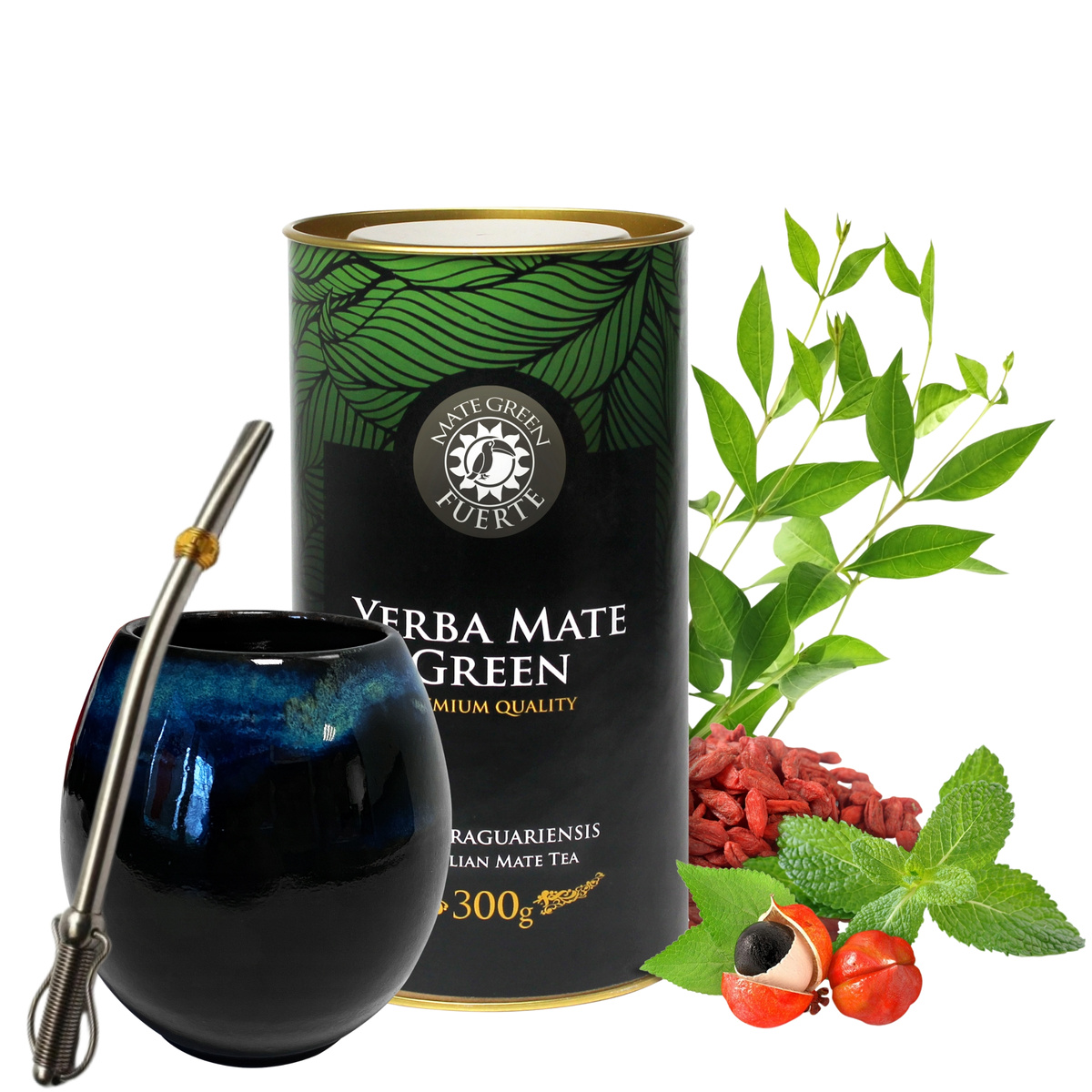 Zestaw Premium Yerba Mate Green Fuerte 300 g w puszce matero + bombilla, 0.93 kg