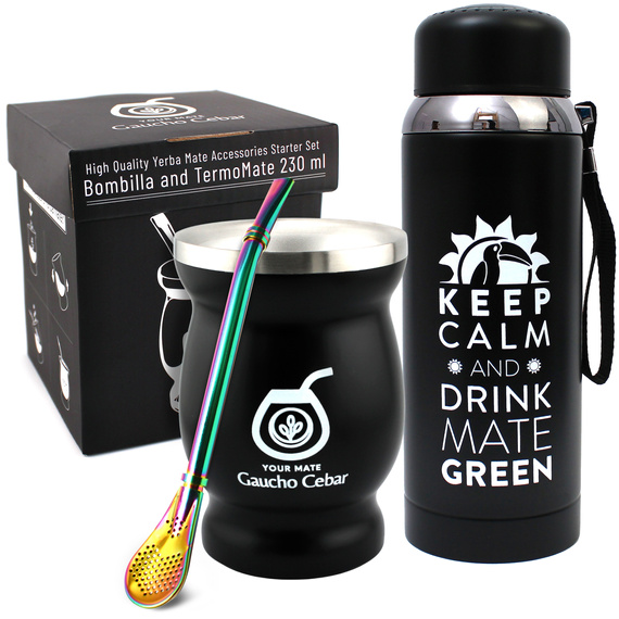Czarny zestaw akcesoriów do yerba mate od Gaucho Cebar TermoMate Black 230 ml +Al 221 + Termos 8.0