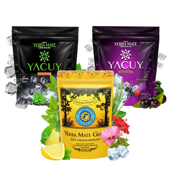 Yerba Mate Yacuy owocowe 3x 500g Cudowne Ożeźwienie Brazylijska Terere 1,5Kg