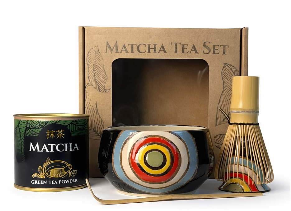 Zestaw Matcha Tea Set "Pawie oko" z ceramicznymi akcesoriami handmade w pudełku na prezent, 0.46 kg