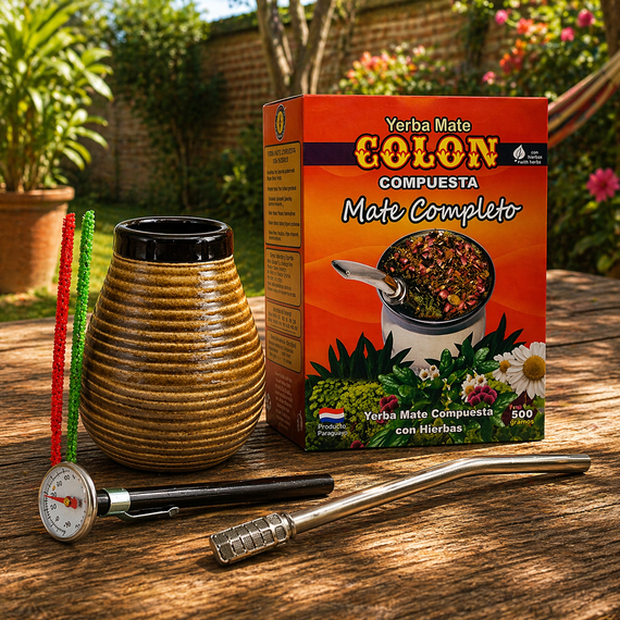 Zestaw Yerba Mate COLON COMPLETO 500g + Matero Ceramiczne Miodowe + Bombilla Amazonca + Termometr