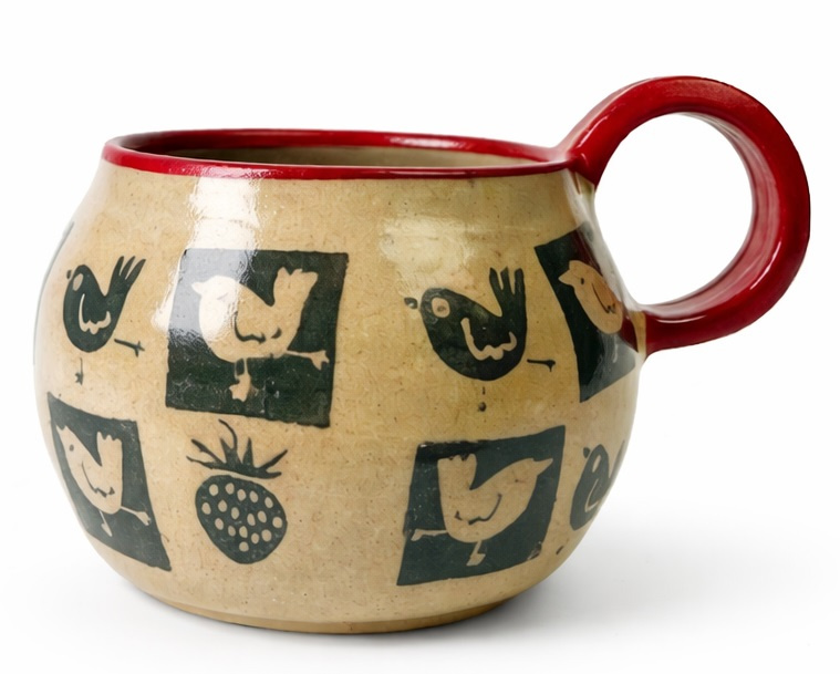 Kubek kamionkowy ręcznie robiony „Ptasi rytm” 400 ml – ceramiczny kubek inspirowany folklorem, 0.25 kg
