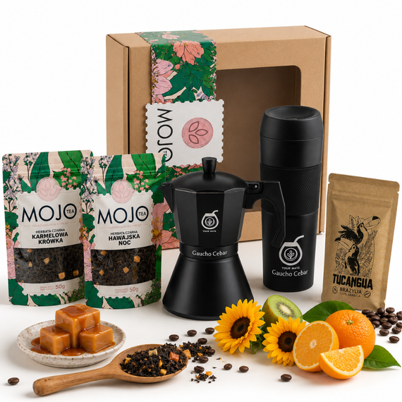 Zestaw prezentowy z kawą, herbatą, kawiarką i kubkiem termicznym