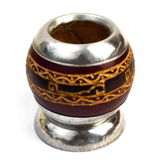  Tykwa podwójnie okuta - AZTECA bordowa - do przygotowywania yerba mate