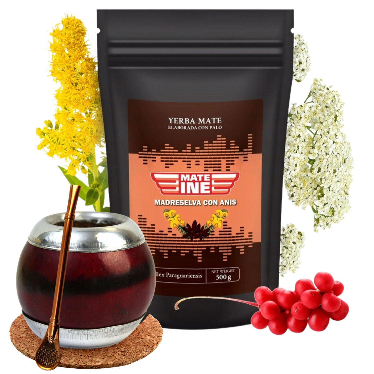 Yerba mate Orginalny Zestaw Naturalna Tykwa Mocna Mateine Madreselva 500g 0,5 kg, 0.65 kg