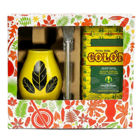 Zestaw prezentowy w pudełku ŚWIĄTECZNYM z Yerba Mate Colon Especial 500g + Matero Hoja Yellow + Bombilla Liza