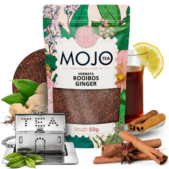 Zestaw Herbata Mojo Tea Rooibos Ginger 50g + Zaparzacz „Domek”