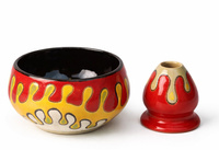 Ceramiczny zestaw do przygotowania herbaty Matcha - Miseczka i Podstawka pod Chasen "Papuzie pióro"