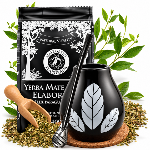 Zestaw Yerba Mate Green Elaborada 400g Matero Ceramiczne Bombilla Czarna
