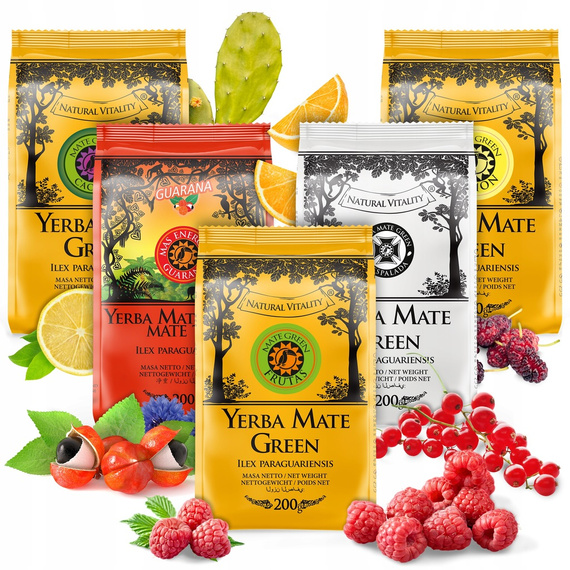 Zestaw Yerba Mate Green Limon Energia Guarana 1kg 5x200g + GRATIS