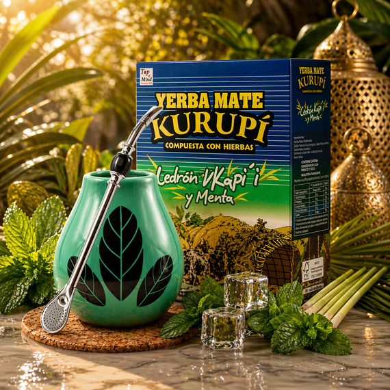 Yerba Mate Kurupi Cedron 500g + Matero Luka Hoja Turquoise + Bombilla 22cm z czarnym kamieniem