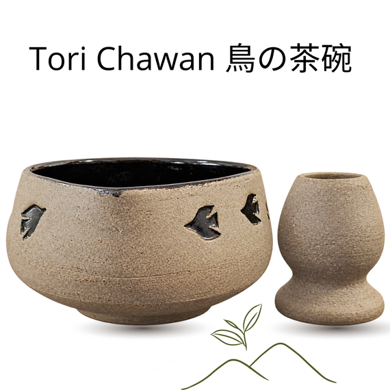 Tori Chawan 鳥の茶碗 Ceramiczny zestaw do Matcha Miseczka i Podstawka pod Chasen 