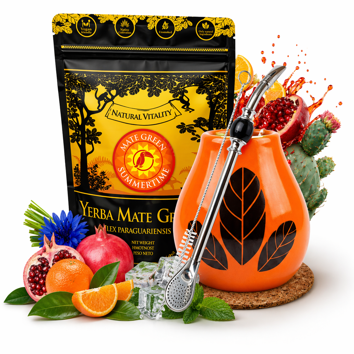 Zestaw Yerba Mate Green Summertime 500g + Matero Tykwa Ceramiczna Luka Hoja Orange + Bombilla Lagrima Negro, 0.67 kg