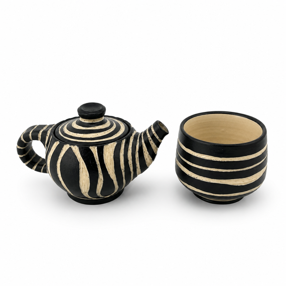 Miniaturowy ceramiczny zestaw do herbaty "Zebra" – ręcznie wykonany dzbanuszek i czarka 100 ml