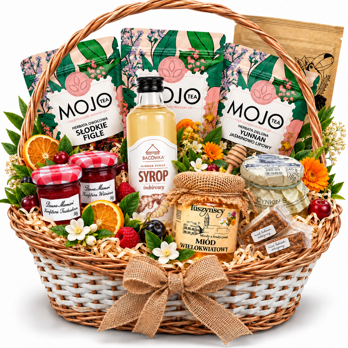 Wiklinowy kosz prezentowy z herbatami Mojo Tea, kawą Tucangua, miodem, syropem imbirowym i dżemami Bonne Maman