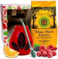 Zestaw w pudełku ŚWIĄTECZNYM z Yerba Mate Green Frutas 400g + Matero Hoja Red + Bombilla Liza