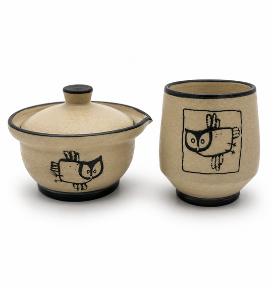 SHIBORIDASHI ceramiczny zestaw z motywem sowy do herbat liściastych –  dzbanuszek i czarka handmade