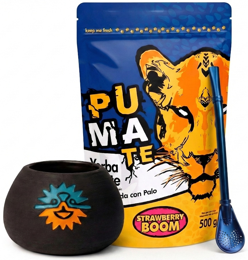Zestaw Yerba Mate: PumaTe Strawberry Boom 500g, handmade matero ceramiczne Astra, bombilla La Mulata Al Promedio Blue, 0.8 kg