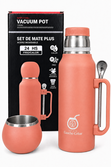 Termos SET DE MATE PLUS Brzoskwiniowy YERBA MATE 1,3 L + TYKWA + BOMBILLA