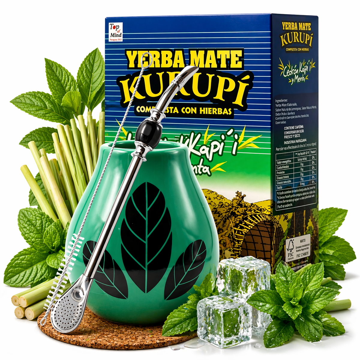 Yerba Mate Kurupi Cedron 500g + Matero Luka Hoja Turquoise + Bombilla 22cm z czarnym kamieniem, 0.67 kg