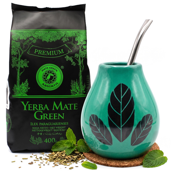 Zestaw Yerba Mate Absinth 400g + Matero Tykwa Ceramiczna Hoja Turkusowa + Bombilla