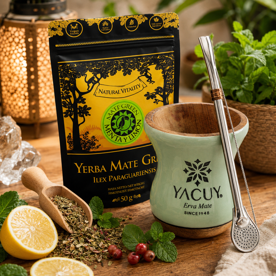 Zestaw Yerba Mate Green Menta Limon 500g + Cuia Imbuia Yacuy
