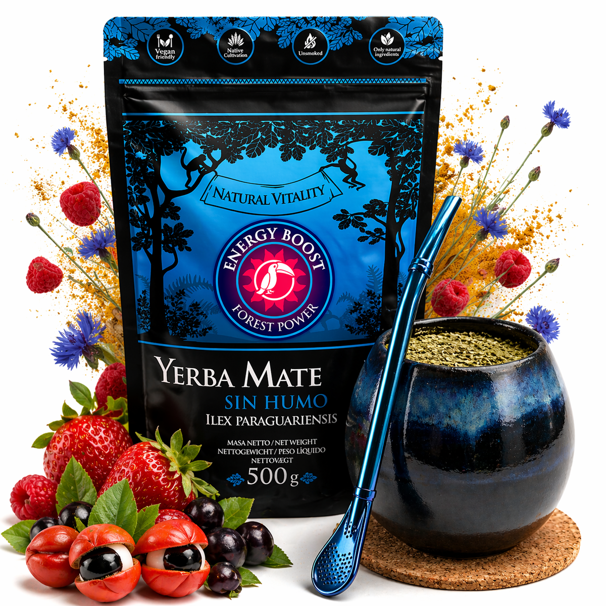 Yerba Mate Green Energy Boost 500g + Matero kamionkowe Aurora robione ręcznie, szkliwione i wypalane w piecu + Bombilla Blue, 0.65 kg