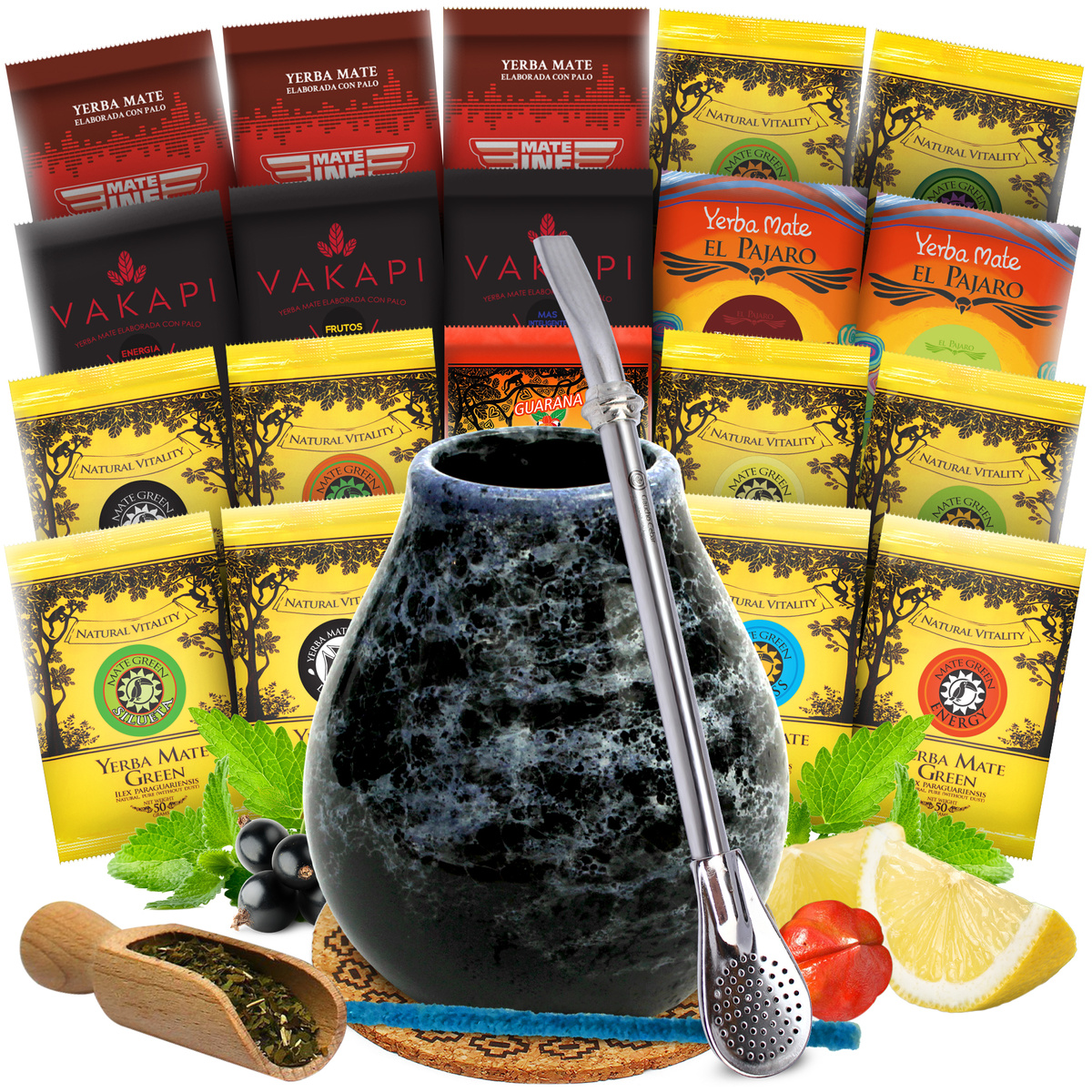 Zestaw Yerba Mate Owocowe 10x50g Matero Bombilla MIX Nabierka Podkładka Czyścik GRATIS!, 1.48 kg