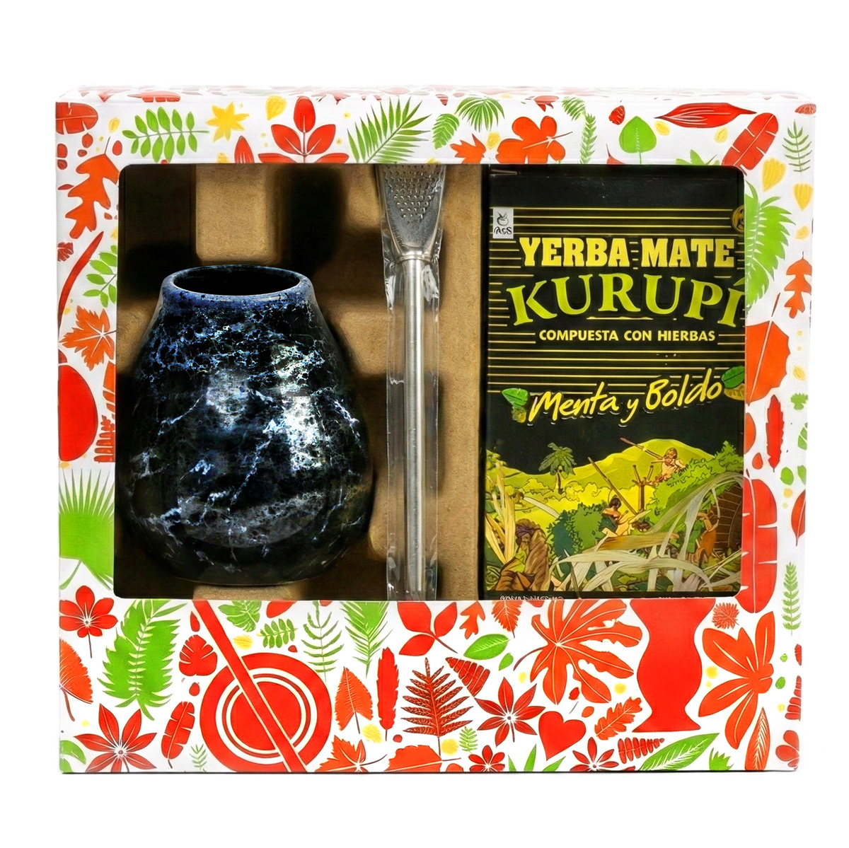 Zestaw prezentowy w ozdobnym pudełku z Yerba Mate Kurupi Menta Boldo 500g + Matero Marmol + Bombilla Liza, 0 kg