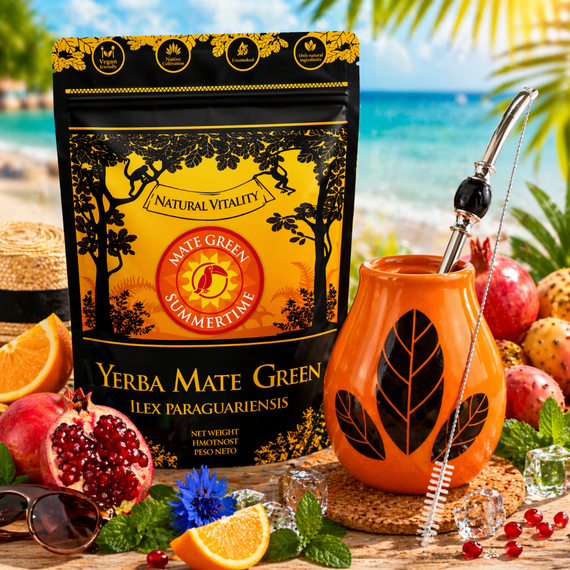 Zestaw Yerba Mate Green Summertime 500g + Matero Tykwa Ceramiczna Luka Hoja Orange + Bombilla Lagrima Negro
