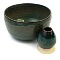 Ceramiczny zestaw do przygotowania herbaty Matcha - MORSKI -  Miseczka i Podstawka pod Chasen