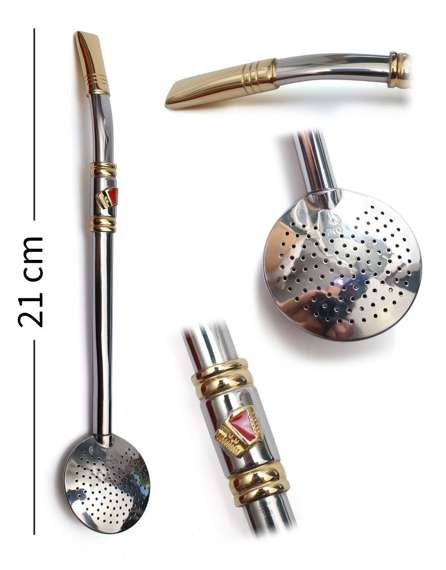 Bombilla Bortonaggio INOX 21 cm - akordeon (złocony ustnik i pierścień chłodzący z czerwonym akordeonem DAP102CA)
