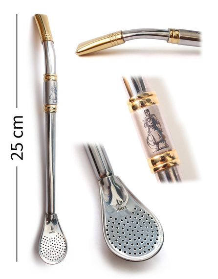 Bombilla Bortonaggio INOX 25 cm - "Gaucho "(złoty pierścień i ustnik, łyżeczkowaty filtr)
