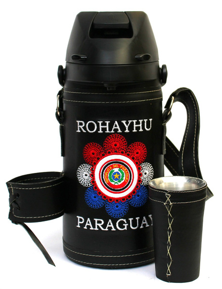 Duży Termos do Yerba Mate TERERE Paraguay Rohayhu Mandala - czarny z automatyczną pompką