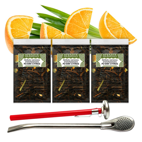 HERBATA Pu-Erh CYTRUS czerwona 150g + akcesoria